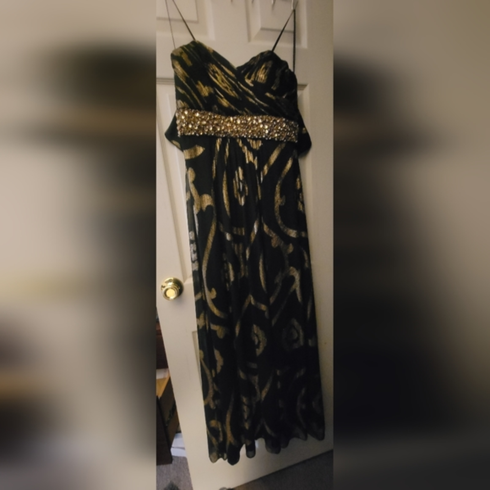 Betsy & Adam‎ Black Metallic Gold Swirl Embellished Strapless Maxi Dress Gown